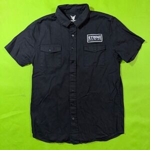 Stone Brewing Black Short Sleeve Button Down Work Shirt Mens Medium Logo Patch